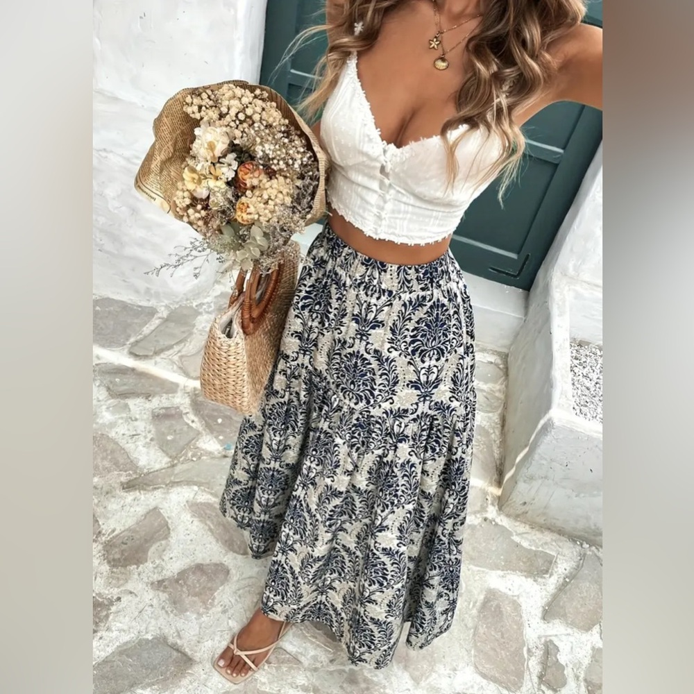 Boho Maxi Skirt in Navy Floral Print NWOT